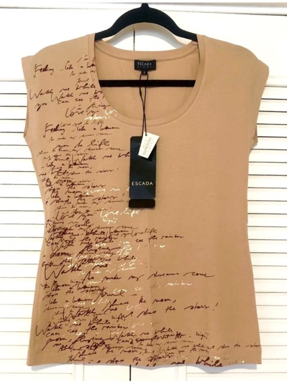 Escada Beige Script-Print Cap Sleeve Top Designed With Swarovski Crystals
